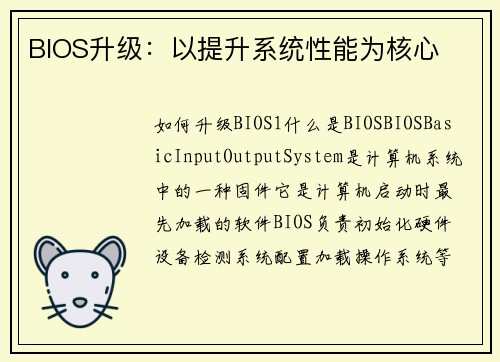 BIOS升级：以提升系统性能为核心